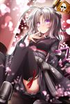  akino_coto highres japanese_clothes kimono original purple_eyes short_hair silver_hair solo thighhighs 