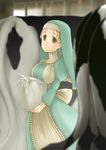  animal apron bangs blurry braid breasts commentary_request cow cowboy_shot depth_of_field dress endou_hiroto green_dress green_eyes habit highres large_breasts long_sleeves looking_at_viewer milk pot solo standing tail veil 