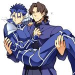  2boys blue_hair brown_eyes brown_hair carrying cross cross_necklace fate/stay_night fate_(series) jewelry kon_manatsu kotomine_kirei lancer long_hair male_focus multiple_boys necklace ponytail princess_carry red_eyes 