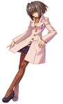  brown_legwear emulator_(wild_arms_xf) fujimoto_hideaki full_body grey_hair hair_intakes hair_over_eyes highres labcoat official_art pantyhose shoes short_hair skirt smile solo white_background wild_arms wild_arms_xf 