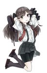 arashio_(kantai_collection) arm_warmers bad_id bad_pixiv_id bike_shorts black_legwear blush brown_eyes brown_hair kantai_collection kneehighs lispict long_hair looking_at_viewer open_mouth pleated_skirt school_uniform skirt smile solo suspenders white_background 