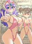  black_eyes blue_eyes brown_hair clenched_teeth commentary_request dragon_quest dragon_quest_iii embarrassed fighter_(dq3) grin helmet highleg highleg_swimsuit long_hair mimonel multiple_girls purple_hair revealing_swimsuit_(dq) short_hair short_twintails smile soldier_(dq3) sweat swimsuit teeth twintails v 