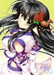  arms_behind_back black_hair breasts brown_eyes cleavage erect! euphoria_trinity floral_print flower from_behind hair_flower hair_ornament highres horn large_breasts long_hair looking_at_viewer piromizu pointy_ears scan smile solo 