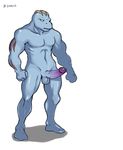  anthro b-intend balls biceps blue_penis blue_skin body_markings frown humanoid_penis machoke male markings muscles nintendo nude pecs penis plain_background pok&#233;mon pok&eacute;mon pose presenting purple_penis red_skin scales solo standing toned vein video_games white_background 