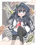  akatsuki_(kantai_collection) anchor black_hair blue_eyes chain chestnut_mouth hat kantai_collection long_hair neckerchief open_mouth pantyhose red_neckwear school_uniform serafuku shibainu_kisetsu skirt solo 