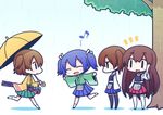  akagi_(kantai_collection) armor blue_hair brown_hair chibi eighth_note hair_ribbon hiryuu_(kantai_collection) japanese_clothes kaga_(kantai_collection) kantai_collection long_hair multiple_girls muneate musical_note open_mouth ponytail rain ribbon side_ponytail smile souryuu_(kantai_collection) taiga_mahoukan thighhighs twintails umbrella 