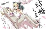  1girl blonde_hair carrying dress jojo_no_kimyou_na_bouken kojiki kuujou_jolyne multicolored_hair narciso_anasui one_eye_closed princess_carry sketch two-tone_hair wedding_dress 