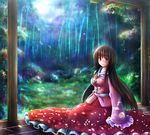  bamboo bamboo_forest breasts brown_hair dress forest hime_cut houraisan_kaguya leaf light_rays long_hair medium_breasts nature pink_eyes porch satoji_(ochanomkmskry) smile solo sunbeam sunlight touhou 