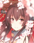  bad_id bad_pixiv_id brown_hair cherry_blossoms close-up headgear hiiragi_hajime kantai_collection long_hair looking_at_viewer red_eyes red_umbrella smile solo umbrella yamato_(kantai_collection) 