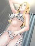  1girl arms_up bare_shoulders bathroom bikini blonde_hair blue_eyes blush breasts cross cross_necklace highres large_breasts legs long_hair looking_away nightmare_express open_mouth shower solo standing swimsuit thighs water wet 