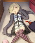  artist_request bags_under_eyes blonde_hair blush brown_eyes carpet dress earrings fake_blood hair_over_one_eye idolmaster idolmaster_cinderella_girls jewelry ketchup looking_at_viewer lying official_art on_back shirasaka_koume short_hair skirt sleeves_past_fingers sleeves_past_wrists smile solo star striped striped_legwear thighhighs 