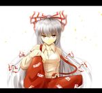  arm_rest bow breasts butterfly_sitting frown fujiwara_no_mokou hair_bow highres indo_(mdtanaka2007) knee_up letterboxed long_hair long_sleeves medium_breasts ofuda pants petals red_eyes simple_background sitting solo suspenders touhou very_long_hair white_background white_hair 