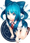  bangs blue_eyes blue_hair blunt_bangs bob_cut cirno kneeling ninny-world ribbon short_hair solo touhou white_background wings 