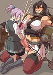  2girls bare_shoulders black_eyes breasts cum cum_explosion ejaculation expressionless eyes_closed futanari gloves handjob huge_penis kantai_collection kneeling large_breasts lavender_hair midriff mikoyan multiple_girls nagato_(kantai_collection) orgasm penis red_eyes shiranui_(kantai_collection) skirt socks testicles thighhighs urethral_insertion 