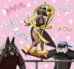  2boys 90s albus_(skullgirls) ankh bird black_dress black_hair breasts casual cleavage commentary dark_skin dress eliza_(skullgirls) emlan falcon hagoromo halterneck hood hoodie horace_(skullgirls) jackal medium_breasts microphone microphone_stand multiple_boys shawl short_hair showgirl_skirt skateboard skateboarding skullgirls solo_focus sunglasses surprised tiara very_dark_skin yellow_sclera 