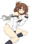  :3 blush bottomless breasts brown_eyes brown_hair cat covering covering_crotch folded_ponytail half_updo inazuma_(kantai_collection) kantai_collection lockheart looking_at_viewer lying medium_breasts naked_shirt off_shoulder open_mouth partially_undressed shirt sleeves_past_wrists solo 