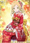  blonde_hair cake card_(medium) drill_hair flower food hair_flower hair_ornament japanese_clothes kimono mahou_shoujo_madoka_magica official_art solo tomoe_mami trading_card twin_drills twintails yellow_eyes 