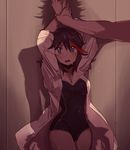  1girl alternate_costume arms_up bad_id bad_pixiv_id bdsm black_hair blue_eyes blush bondage bound bound_wrists breasts cleavage coat kill_la_kill matoi_ryuuko medium_breasts mikisugi_aikurou multicolored_hair one-piece_swimsuit open_mouth red_hair restrained shadow short_hair solo_focus suzuen swimsuit swimsuit_under_clothes two-tone_hair wet wet_clothes wrist_grab 