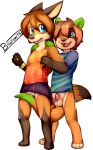  2018 animal_genitalia anthro bastion blue_eyes bottomless bracelet brown_fur brown_nose canine clothed clothing cub duo female flat_chested fox fur hi_res jewelry male male/female mammal mustelid otter penis pussy rusty_(darkrusty) sheath shirt simple_background skirt standing t-shirt tapering_penis young 