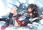  anchor armpits breasts brown_hair cherry_blossoms headgear kantai_collection large_breasts long_hair looking_at_viewer machinery ponytail red_eyes smile snowing solo thighhighs tousaki_umiko turret yamato_(kantai_collection) 