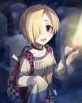  artist_request backpack bag bags_under_eyes blonde_hair blush brown_eyes collar earrings flashlight ghost graveyard hair_over_one_eye idolmaster idolmaster_cinderella_girls jewelry looking_up official_art open_mouth pleated_skirt see-through shirasaka_koume short_hair skirt sleeves_past_wrists smile solo tombstone 