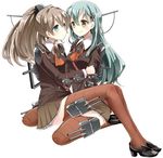  aqua_eyes aqua_hair ascot blush breasts brown_eyes brown_hair brown_legwear cannon hair_ornament hairclip hiroichi kantai_collection kumano_(kantai_collection) long_hair looking_at_another medium_breasts multiple_girls ponytail school_uniform serafuku shoes sitting skirt smile suzuya_(kantai_collection) thighhighs turret uniform wariza yuri 