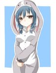  blue_hair breasts brown_eyes bunny_pajamas buttons furutani_himawari kou89 large_breasts looking_at_viewer pajamas solo v_arms yuru_yuri 