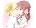  aji_tama blonde_hair closed_eyes flower hair_flower hair_ornament hug kiss multiple_girls necktie purple_eyes red_hair ribbon sakura_trick sonoda_yuu surprise_kiss surprised takayama_haruka tears twintails younger yuri 