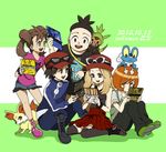  3boys black_hair black_legwear blonde_hair blue_eyes brown_hair calme_(pokemon) cameo chespin copyright_name dated denim denim_shorts eyewear_on_head fennekin froakie gen_1_pokemon gen_6_pokemon handheld_game_console highres jacket long_hair multiple_boys multiple_girls nintendo_3ds nintendo_3ds_ll open_mouth orange_hair pikachu pleated_skirt pokemon pokemon_(creature) pokemon_(game) pokemon_xy quad_tails sana_(pokemon) sei_(shinkai_parallel) serena_(pokemon) shorts skirt sleeveless sunglasses thighhighs tierno_(pokemon) toroba_(pokemon) 