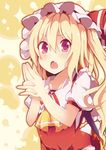  :o ascot blonde_hair fang flandre_scarlet hat hat_ribbon highres kan_lee kanchou looking_at_viewer mob_cap open_mouth puffy_sleeves red_eyes ribbon shirt short_hair solo touhou upper_body vest 