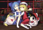  :&lt; blonde_hair blue_eyes blue_hair book bookshelf bow character_pillow cirno cross_eyed flandre_scarlet freckles hair_bow hakurei_reimu hat kirisame_marisa kneeling looking_at_viewer multiple_girls ninny-world red_eyes sitting skirt smile socks touhou undressing vest waving wings yukkuri_shiteitte_ne 