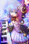  :d antenna_hair arm_up belt blue_eyes blue_hair breasts cleavage cowboy_shot crevasse dress epaulettes instrument long_sleeves looking_at_viewer lowres medium_breasts music open_mouth piano playing_instrument pleated_dress short_hair smile solo standing star sword_girls white_dress 