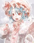  bad_id bad_pixiv_id blue_hair blush dress ear_blush fangs hat hat_ribbon hutaba123 jacket lowres mob_cap open_clothes open_jacket open_mouth pink_dress pointy_ears red_eyes remilia_scarlet ribbon solo touhou upper_body 