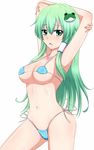  armpits arms_behind_head bikini blush breasts daba frog_hair_ornament green_eyes green_hair hair_ornament hair_tubes highres kochiya_sanae large_breasts long_hair looking_at_viewer micro_bikini navel open_mouth solo swimsuit touhou 