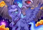  armor blue_eyes blue_hair cloud cutie_mark duo equine fangs female friendship_is_magic hair helmet horn horse jiayi mammal my_little_pony necklace nightmare_moon_(mlp) pony princess_luna_(mlp) red_eyes sky smile stars winged_unicorn wings 