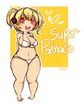  1girl arms_behind arms_behind_back artist_request bare_shoulders barefoot belly bikini blonde_hair breasts character_name chibi cleavage headphones heart hips large_breasts legs looking_at_viewer navel nitroplus open_mouth plump red_eyes smile solo source_request standing super_pochaco swimsuit thick_thighs thighs toes white_bikini white_swimsuit wide_hips 