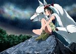  absurdres aurora bad_id bad_pixiv_id bare_arms blush brown_eyes brown_hair earrings facepaint highres jewelry mask mononoke_hime necklace night night_sky rainys_bill san short_hair sitting sky star star_(sky) starry_sky studio_ghibli tree wolf 