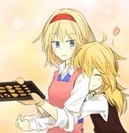  alice_margatroid apron baking_sheet black_dress blonde_hair blue_dress blue_eyes closed_eyes cookie dress food hairband heart hug hug_from_behind kirisame_marisa klent long_sleeves mittens multiple_girls open_mouth sash shirt smile touhou 