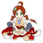  1girl ahoge andou_ringo apple brown_hair drill_hair food fruit green_eyes hair_ornament hairclip madou_monogatari nullhachi puyopuyo simple_background solo spread_legs 