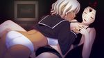  2girls amaemu:_okaasan_no_kazoku_keikaku ass bare_shoulders black_bra black_hair black_panties blue_eyes bra breasts dark_skin eyes_closed game_cg grey_hair large_breasts legs lying multiple_girls open_mouth panties short_hair small_breasts smile thighs underwear white_bra white_panties yuri 