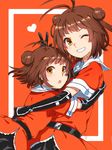  antenna_hair brown_hair double_bun dual_persona elbow_gloves gloves grin heart hug kantai_collection ko-on_(ningen_zoo) looking_at_viewer naka_(kantai_collection) one_eye_closed open_mouth short_hair smile time_paradox v yellow_eyes younger 