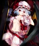  ascot bad_id bad_pixiv_id basilis9 bat_wings blue_hair breasts brooch collarbone hand_to_head hat hat_ribbon highres jewelry looking_at_viewer mob_cap nail_polish navel no_bra open_clothes open_shirt red_eyes red_nails remilia_scarlet ribbon sash shirt silver_hair skirt small_breasts smile solo touhou wings wrist_cuffs 