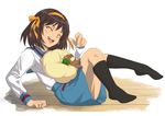  blue_skirt brown_hair crossover gen_5_pokemon hairband kita_high_school_uniform konota orange_hairband pokemon pokemon_(creature) pokemon_(game) pokemon_bw school_uniform serafuku short_hair skirt suzumiya_haruhi suzumiya_haruhi_no_yuuutsu whimsicott 