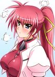  1girl blue_eyes blush commentary_request diesel-turbo gradient_background hair_ribbon long_hair lyrical_nanoha pink_hair ponytail pout ribbon signum solo 