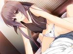  1girl bare_shoulders bed blush breasts brown_eyes censored game_cg girl_on_top highres iizuki_tasuku legs long_hair looking_at_viewer lovely_x_cation lying panties panties_aside penis ponytail purple_hair pussy sex sitting sitting_on_person small_breasts smile sweat thighs underwear vaginal 