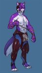 anthro barefoot biceps black_hair black_nose boulevard bulge canine chest_tuft claws clothing fangs folf fox fur grin hair hybrid looking_at_viewer male mammal muscles pecs pose purple_fur purple_hair rope shyloc smile solo standing swimsuit teeth toe_claws toned topless tuft wetsuit white_fur wolf 