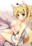  absurdres animal_ears blonde_hair blue_eyes blush bracelet breasts collarbone dog_days fox_ears fox_tail hair_ornament hairpin highres jewelry large_breasts long_hair looking_at_viewer naked_towel nipples open_mouth ponytail scan shiny shiny_skin sitting smile solo tail tail_raised tassel tateha_(marvelous_grace) towel wristband yukikaze_panettone 