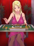  bare_shoulders blonde_hair blue_eyes blush board_game breasts chair cleavage collar dress earrings highres huge_breasts jewelry legs long_hair looking_down mahjong nightmare_express open_mouth pantyhose shimano_natsume sitting solo table thighs 
