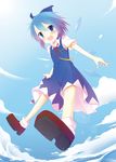  blue_eyes blue_hair blush bow cirno day from_below gradient_hair hair_bow highres hinata_ichi ice ice_wings multicolored_hair open_mouth purple_hair sky solo touhou wings 