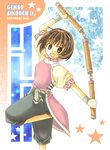  2003 brown_eyes brown_hair capri_pants copyright_name dated gensou_suikoden gensou_suikoden_ii gloves hairband kidani_mami nanami_(suikoden) pants short_hair smile solo standing standing_on_one_leg star three_section_staff weapon 